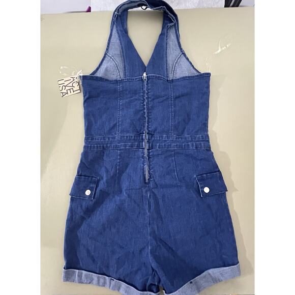 Active USA Women's M Notched Collar Halter Style Neck Denim Shorts Romper Blue - Picture 7 of 16